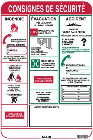 Consignes de sécurité incendie, évacuation, accident